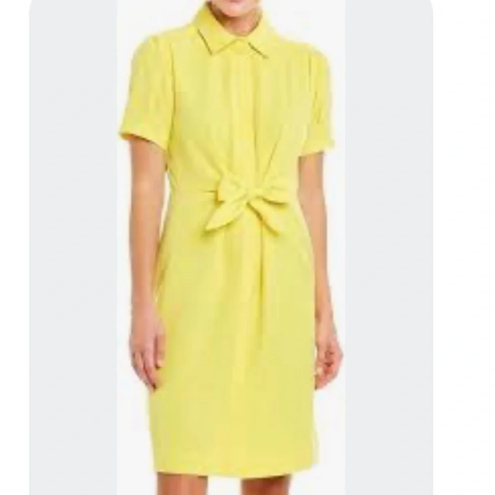 Sharagano yellow short sleeve front tie waist knee length summer dress size 14